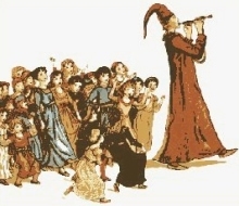 Pied Piper of Hamelin leading a crowd of children